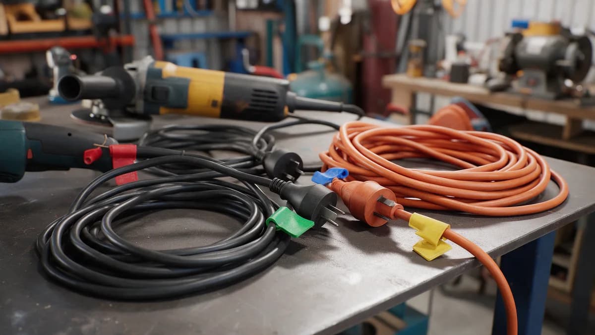 Power tool leads and an extension lead on a workbench, each with a red, green, blue or yellow electrical test tag near the plug