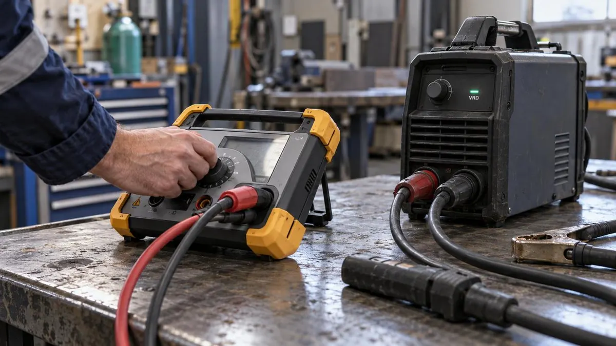 VRD tester connected by leads to a welding machine with its VRD indicator lit