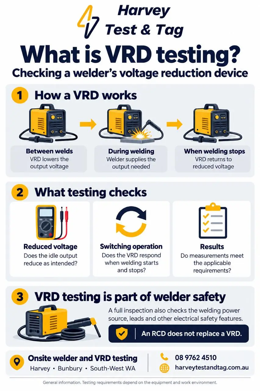 Infographic: What is VRD testing? How a VRD works: between welds the VRD lowers the output voltage, during welding the welder supplies the output needed, and when welding stops the VRD returns to reduced voltage. What testing checks: reduced voltage, switching operation, and whether results meet the applicable requirements. VRD testing is part of welder safety: a full inspection also checks the welding power source, leads and other electrical safety features, and an RCD does not replace a VRD. Onsite welder and VRD testing in Harvey, Bunbury and South-West WA, 08 9762 4510.