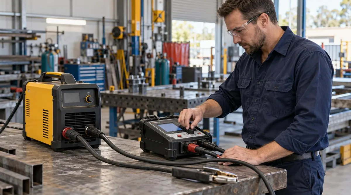 Technician using a VRD tester connected to a yellow welding machine on a workshop bench