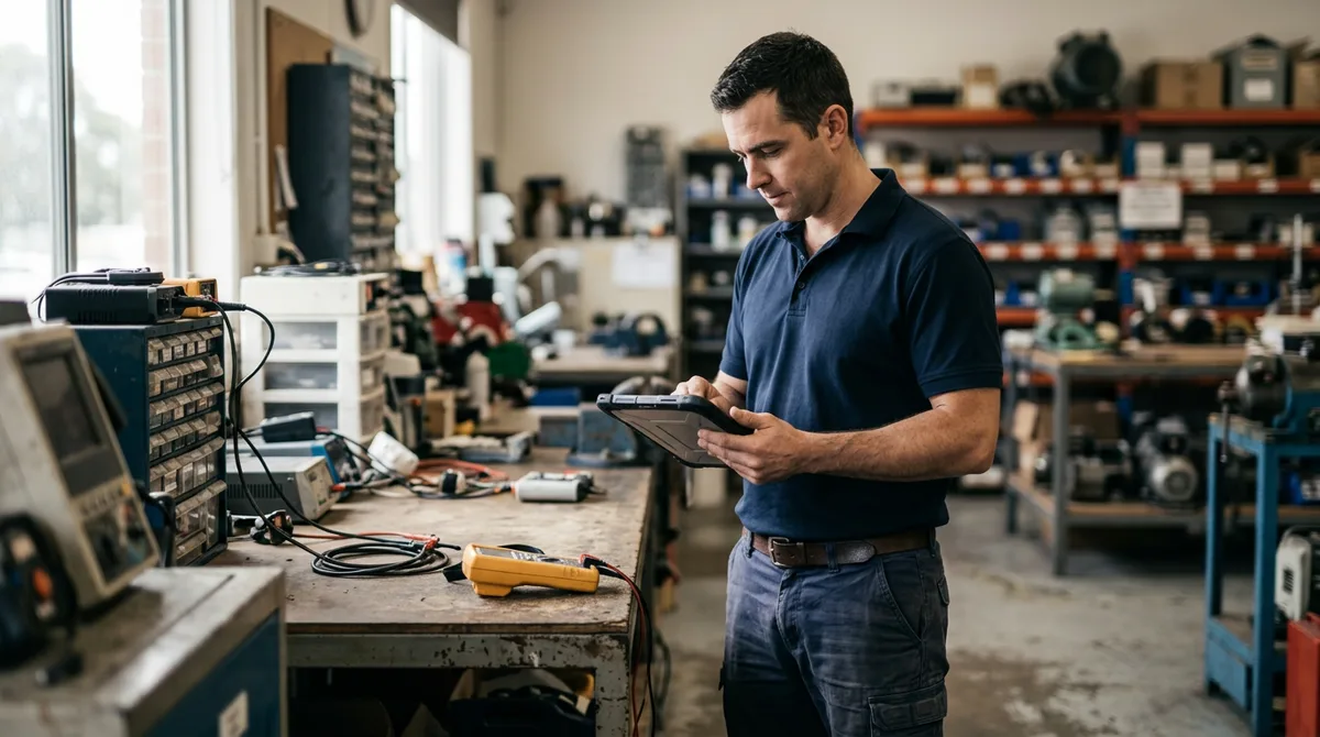 Technician recording a test result on a barcoded asset register during onsite appliance testing