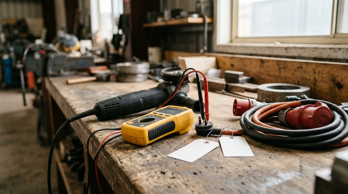 Portable appliance tester on a workshop bench with test leads connected to a power tool