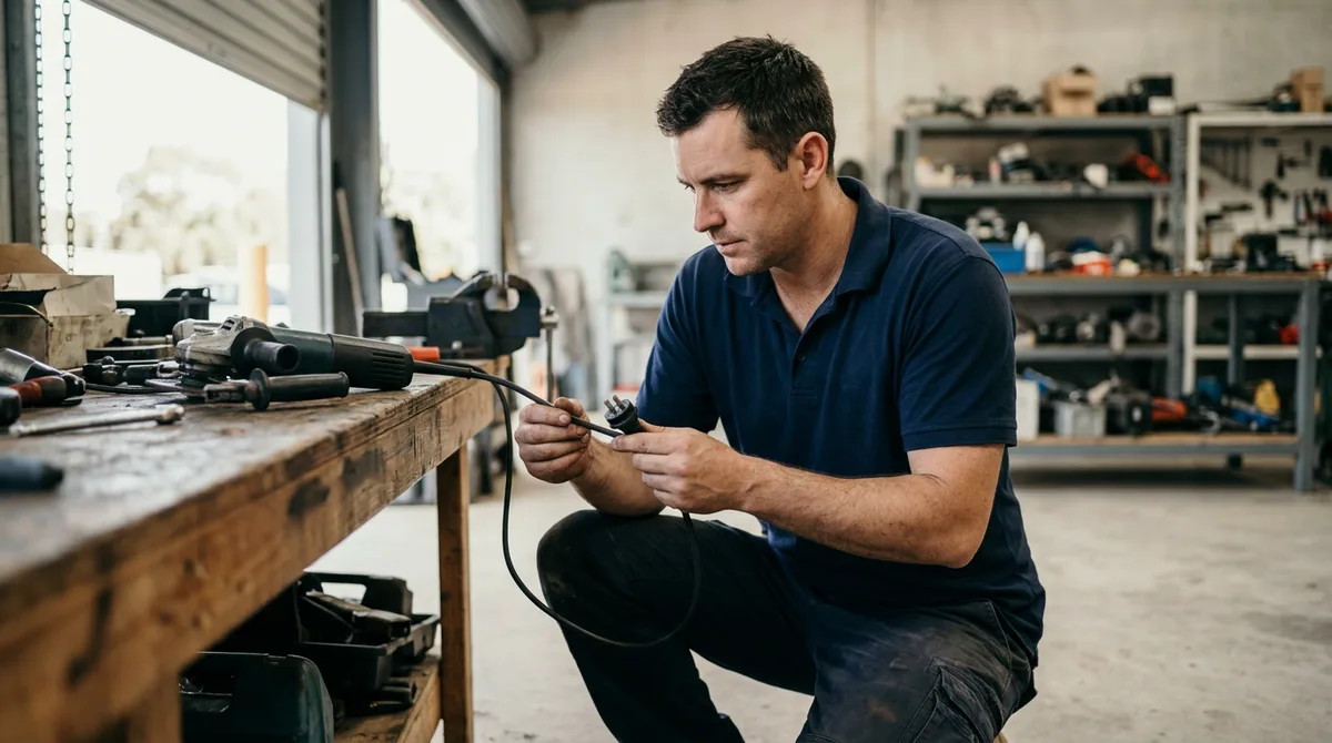 Technician inspecting the plug and lead of a workshop power tool during a test and tag inspection