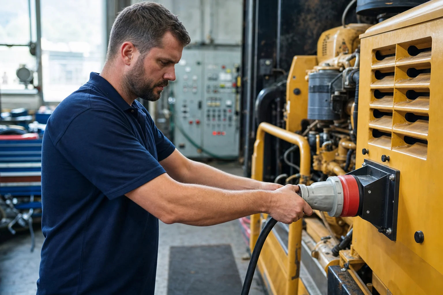 Technician testing a three-phase industrial appliance in a heavy workshop