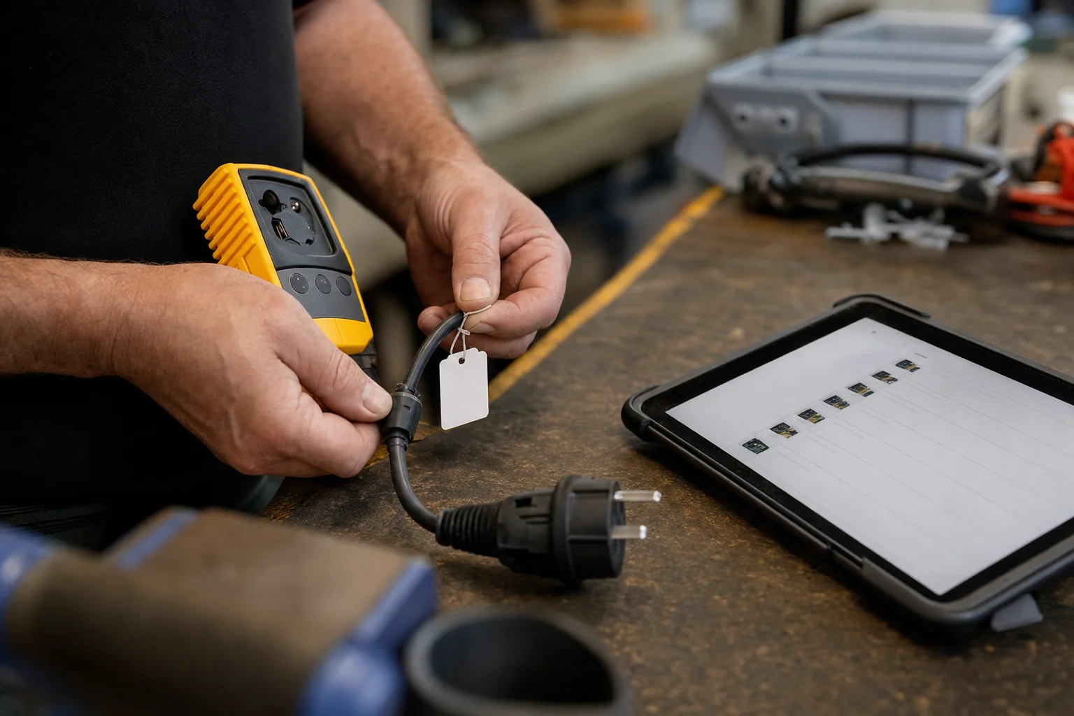Electrical tester and test tag on a power lead